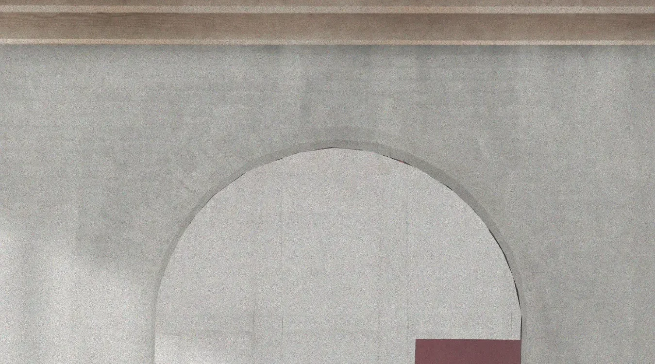 Visualisering av buet passasje med rosa vegger og rutete gulv